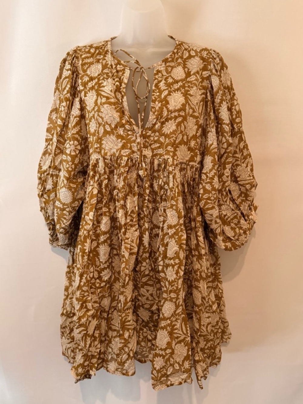 Daughters of India. 100% Cotton Kyra Floral Smocked Tunic Dress in Mustard